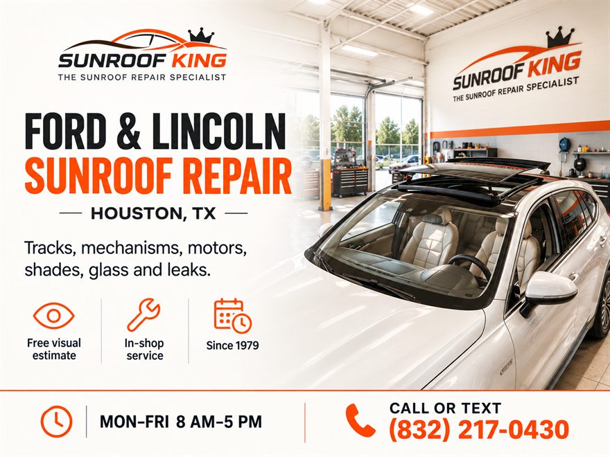 Sunroof King promotional graphic: Ford and Lincoln sunroof repair in Houston, Texas, listing tracks, mechanisms, motors, shades, glass and leaks, with free visual estimate, in-shop service, since 1979, Monday to Friday 8 AM to 5 PM, call or text (832) 217-0430