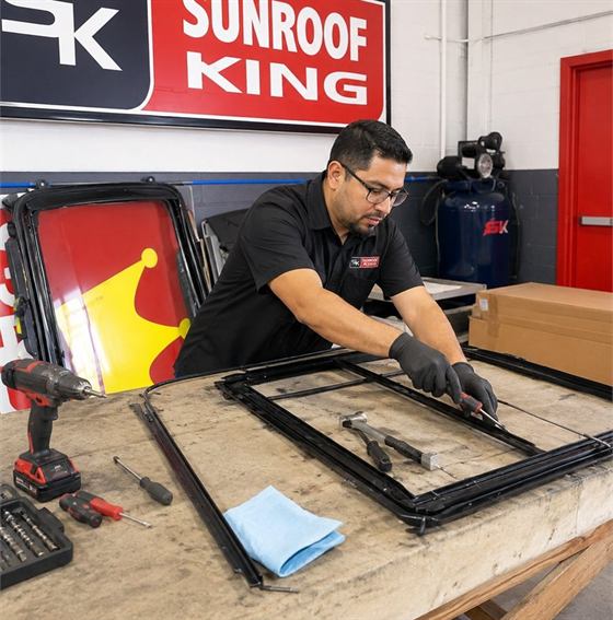 Sunroof King technician working on a Ford sunroof track assembly at the bench in the Houston shop