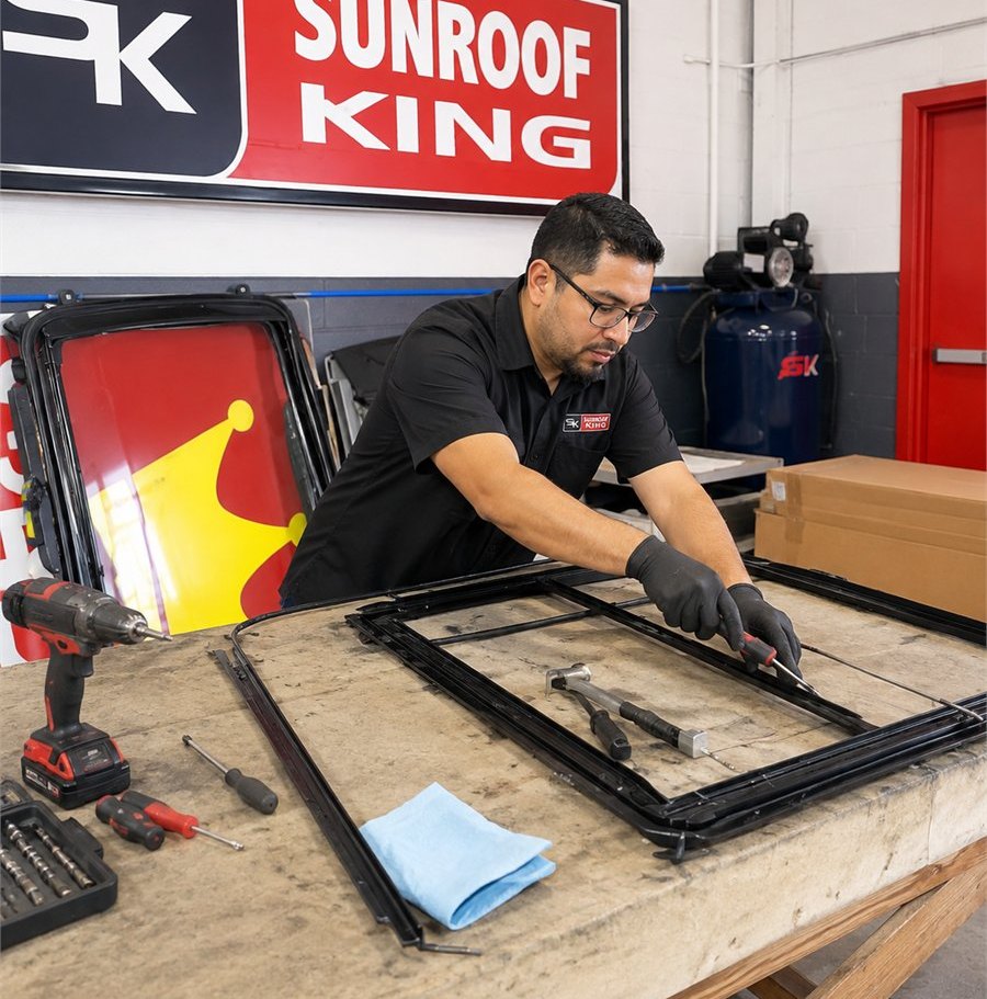 Sunroof King technician working on a Ford sunroof track assembly in the Houston shop