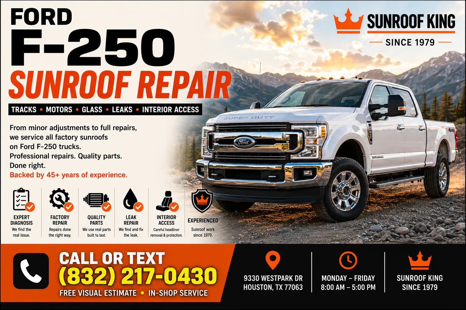 Ford F-250 sunroof repair at Sunroof King in Houston