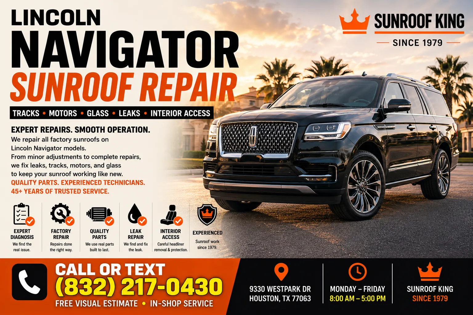 Lincoln Navigator panoramic sunroof repair at Sunroof King in Houston
