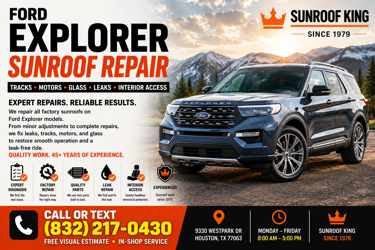 Ford Explorer panoramic sunroof repair at Sunroof King in Houston