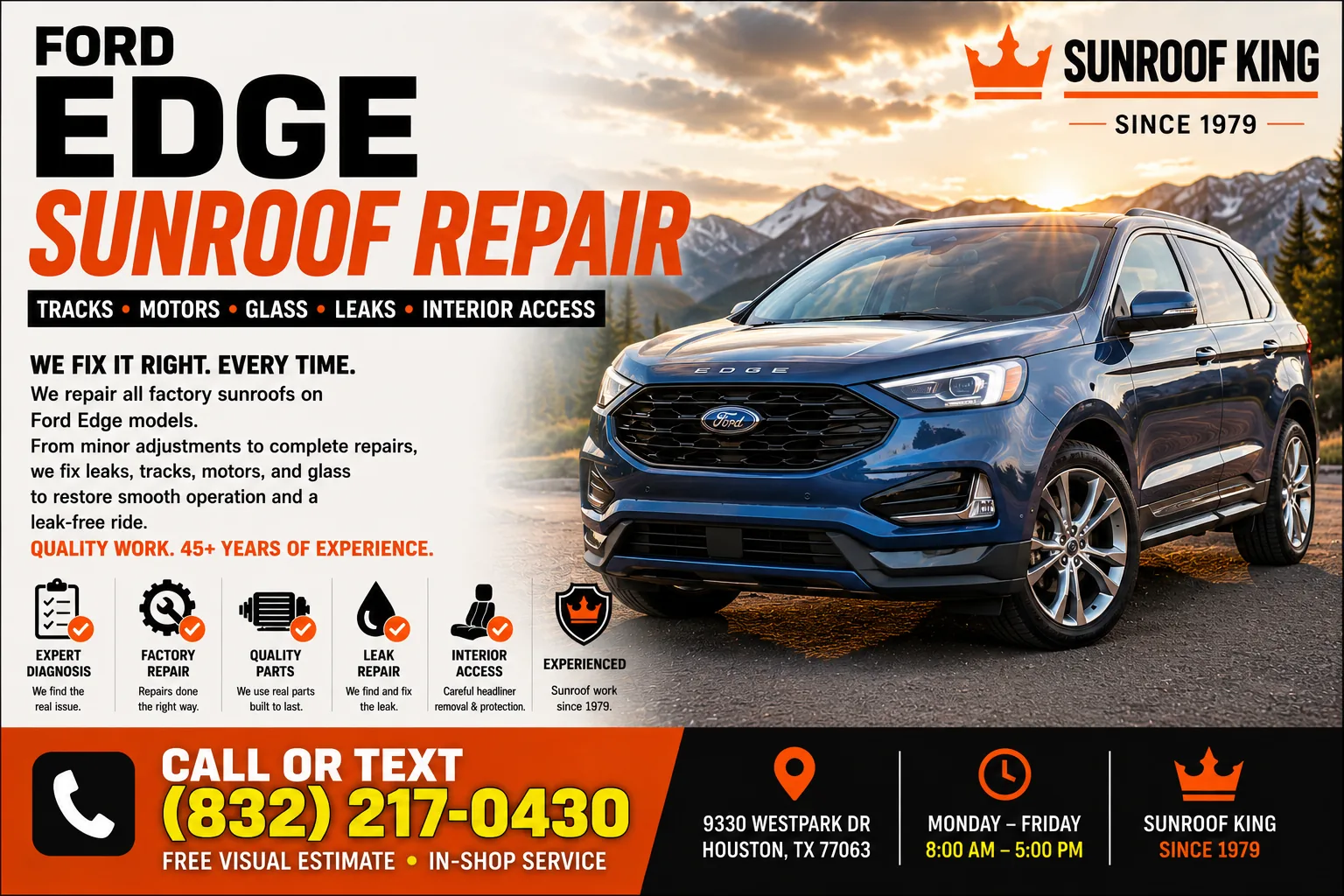 Ford Edge panoramic sunroof repair at Sunroof King in Houston
