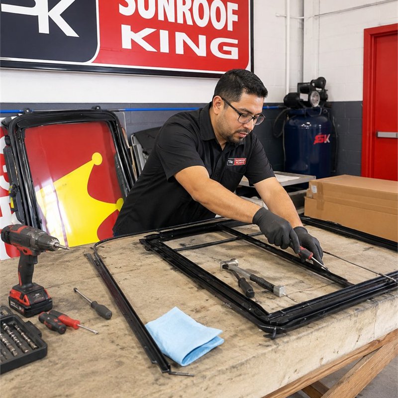 Sunroof King technician servicing a sunroof track assembly on the workbench