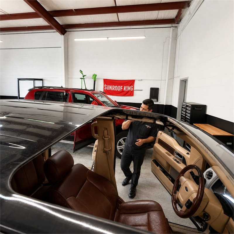 Sunroof King technician in branded uniform handling a sunroof panel in the Houston shop