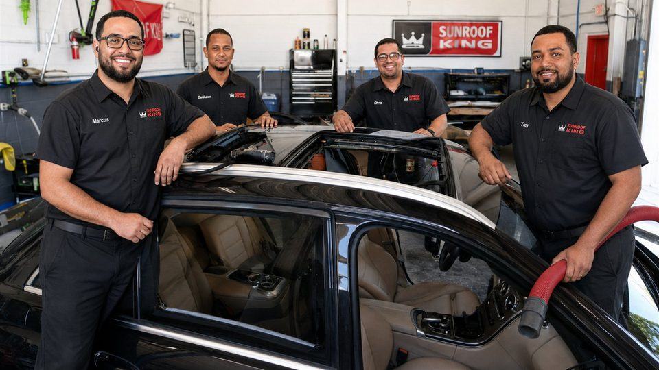 The Sunroof King team with a vehicle in the Houston shop at 9330 Westpark Dr