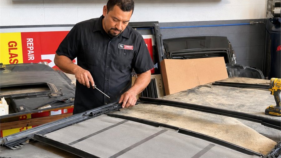 Sunroof King technician in the branded black uniform servicing a sunroof mechanism and track assembly at the workbench