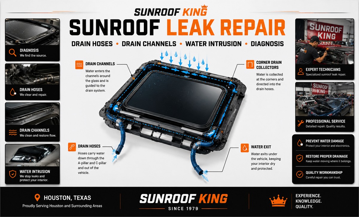 Sunroof King infographic explaining sunroof leak repair in Houston: water enters drain channels around the glass, is collected by corner drain collectors, carried down drain hoses through the A-pillar and C-pillar, and exits under the vehicle.