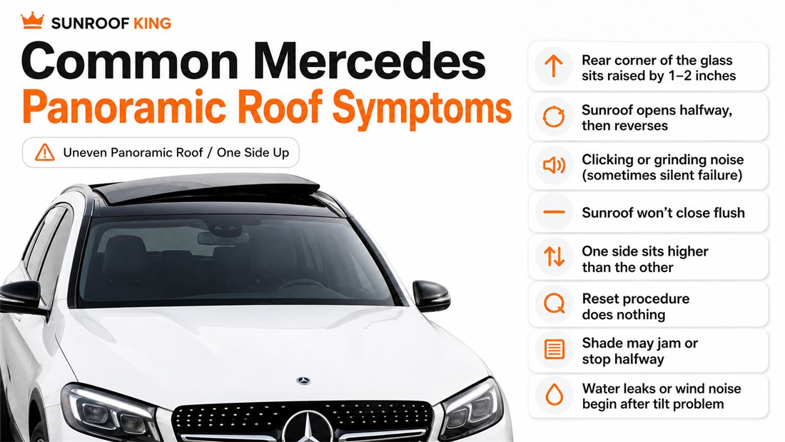 Sunroof King infographic: common Mercedes panoramic roof symptoms of an uneven roof with one side up, including a rear corner raised one to two inches, a roof that opens halfway then reverses, clicking or grinding noise, a roof that will not close flush, one side sitting higher than the other, a reset that does nothing, a shade that jams, and water leaks or wind noise.