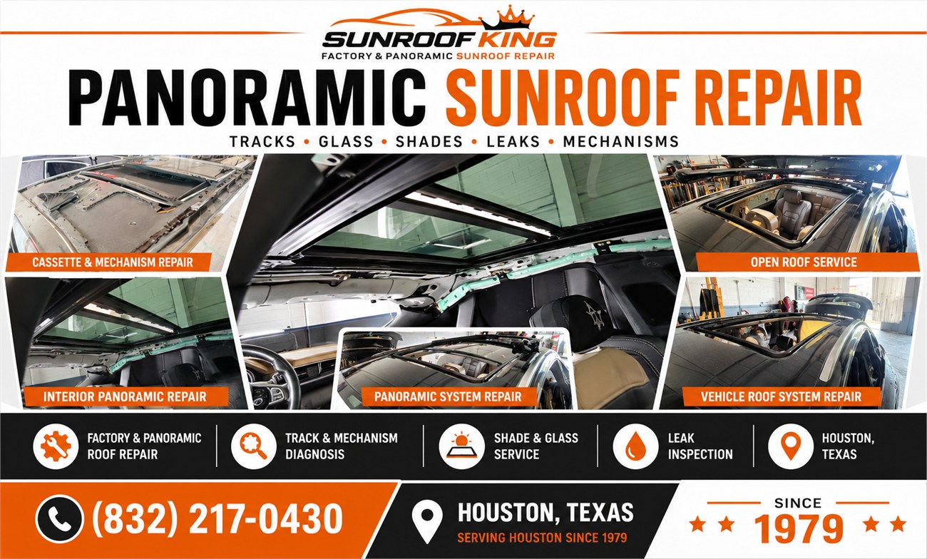 Sunroof King graphic titled Panoramic Sunroof Repair, listing tracks, glass, shades, leaks and mechanisms, with photographs from the Houston shop and the phone number (832) 217-0430