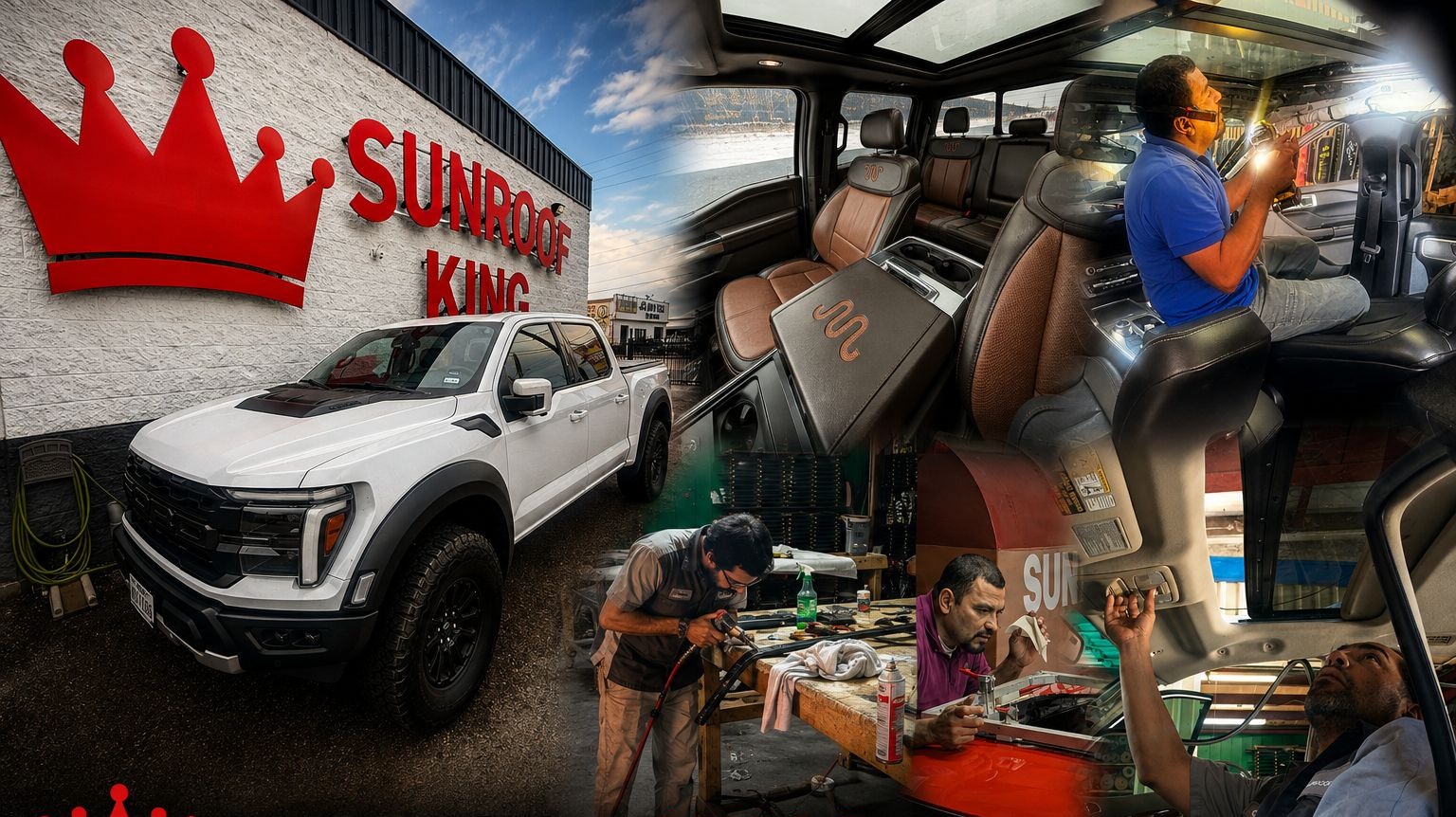 Sunroof King in Houston: the Westpark Drive building and sign, a customer truck, a panoramic roof interior, and technicians working on sunroof assemblies in the shop