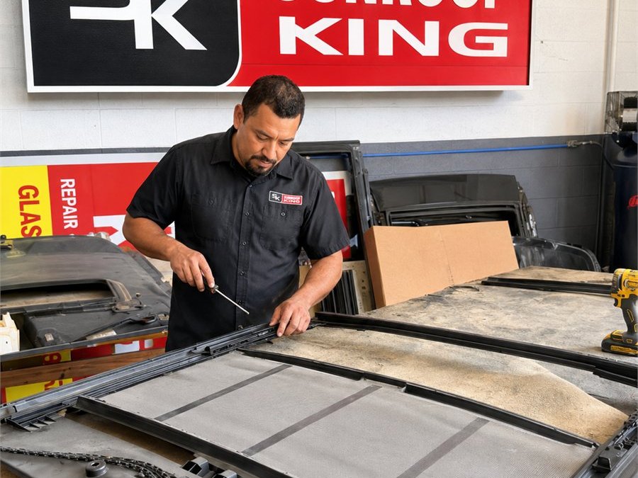 Sunroof King technician in branded uniform working on a sunroof track and mechanism assembly at the workbench in the Houston shop