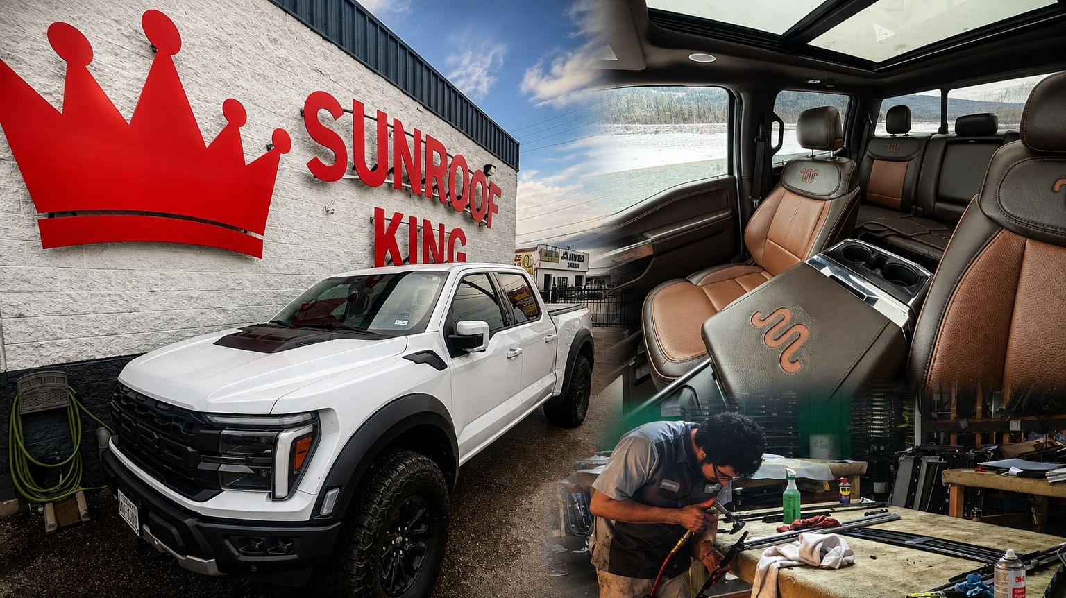 Sunroof King in Houston: the Westpark Drive building and sign, a customer truck, a panoramic roof interior, and a technician repairing a sunroof track assembly at the workbench