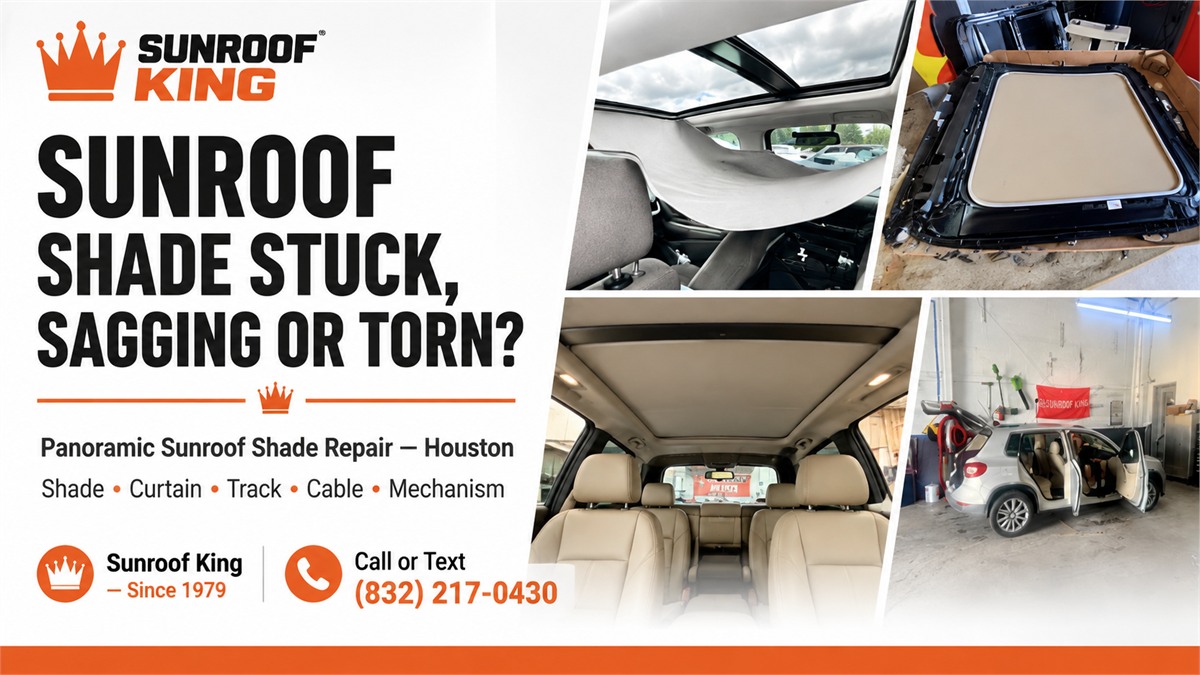 Sunroof King graphic: sunroof shade stuck, sagging or torn - panoramic sunroof shade repair in Houston covering shade, curtain, track, cable and mechanism. Since 1979. Call or text (832) 217-0430.
