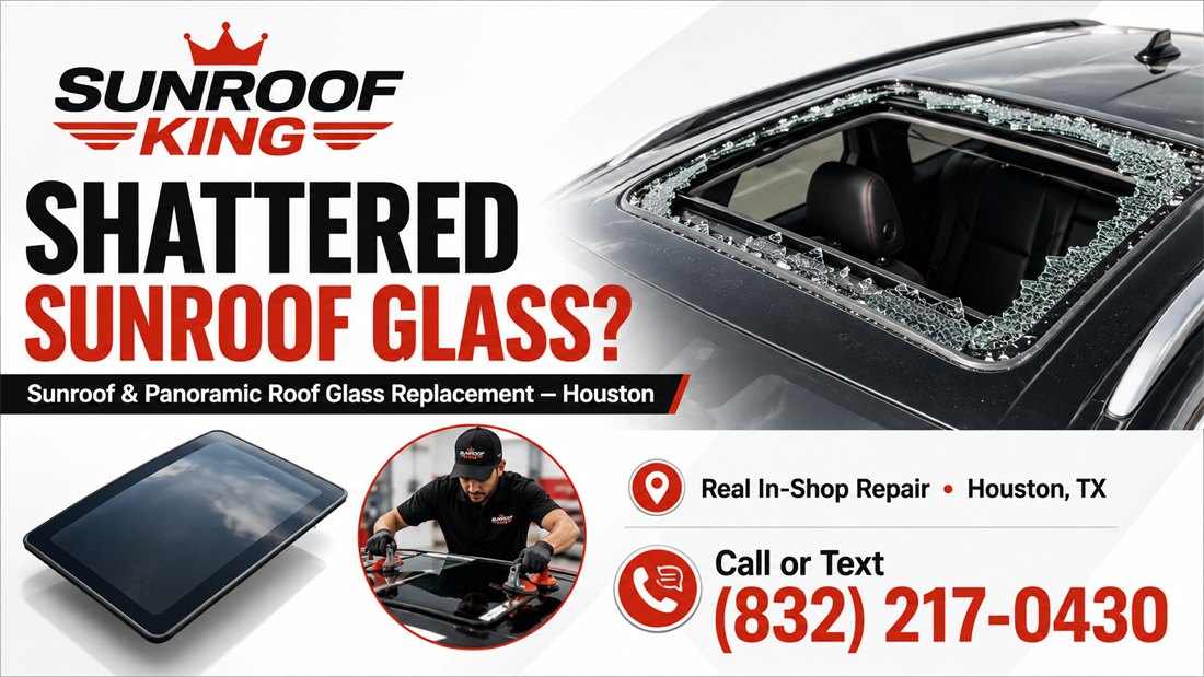 Sunroof King graphic: shattered sunroof glass? Sunroof and panoramic roof glass replacement in Houston, real in-shop repair, call or text (832) 217-0430.