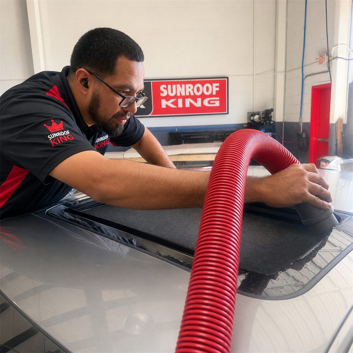 Sunroof King technician in branded uniform working at a sunroof opening on a vehicle roof at our Houston shop