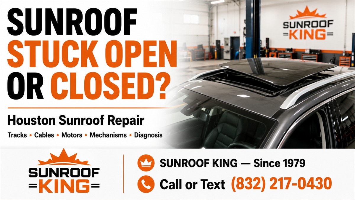 Sunroof King graphic: sunroof stuck open or closed - Houston sunroof repair covering tracks, cables, motors, mechanisms and diagnosis. Since 1979. Call or text (832) 217-0430.