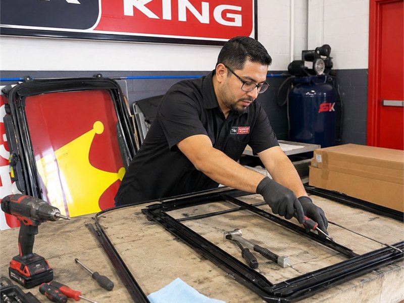 Sunroof King technician repairing a disassembled sunroof frame in the Houston shop