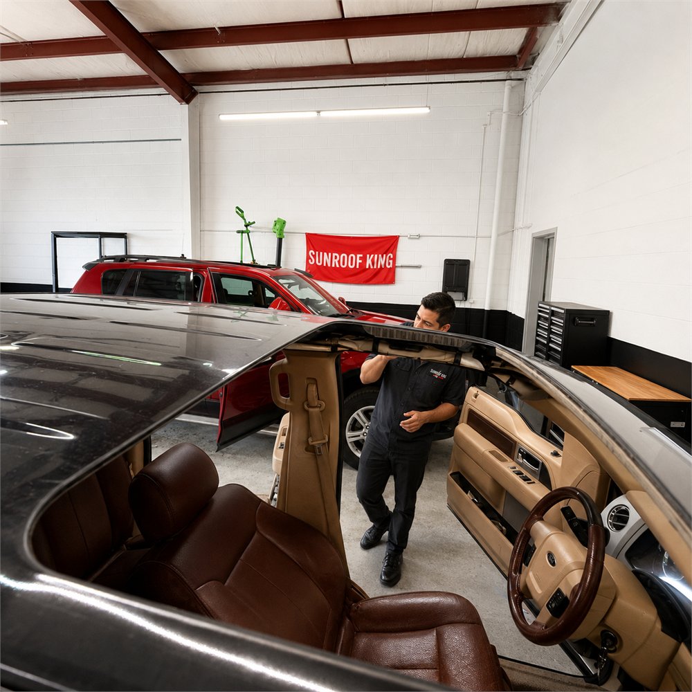 Sunroof King technician in branded black uniform carrying a sunroof glass panel through the bay at the Houston shop