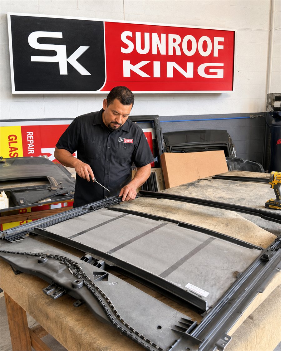 Sunroof King technician in branded uniform working on a complete sunroof frame and mechanism assembly on the bench at the Houston shop, with the drive chain and rails visible