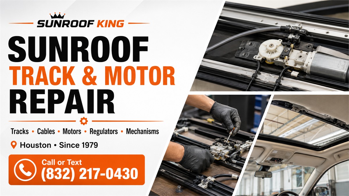Sunroof King graphic: sunroof track and motor repair in Houston covering tracks, cables, motors, regulators and mechanisms. Since 1979. Call or text (832) 217-0430.