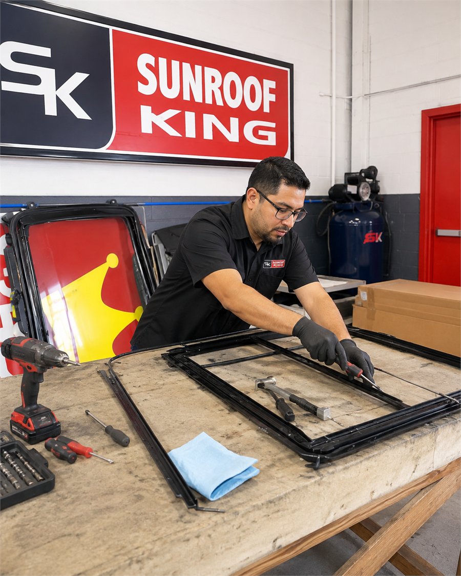 Sunroof King technician in branded uniform working along the rail of a sunroof frame assembly on the workbench at the Houston shop