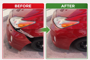 Before and after bumper repair showing a loose hanging bumper secured and aligned by Sunroof King in Houston
