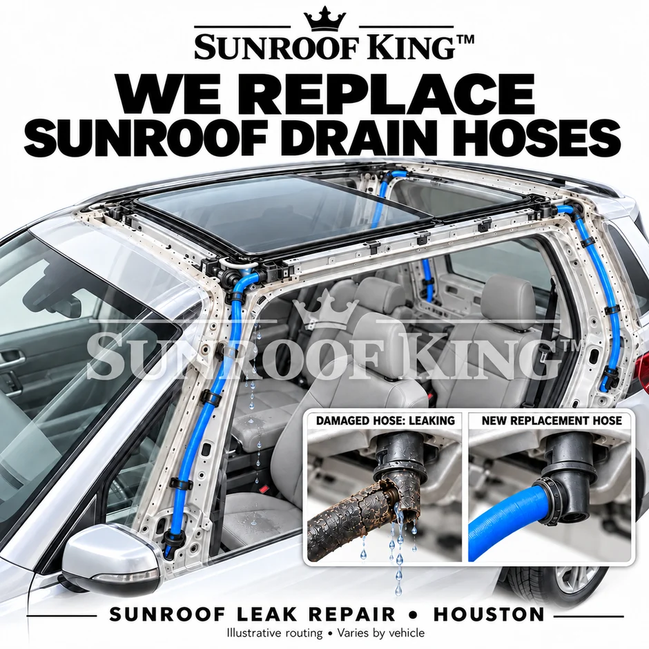 Sunroof King graphic showing sunroof drain hose replacement in Houston: drain hoses routed down the A-pillar and C-pillar, with a cracked leaking hose next to a new replacement hose.